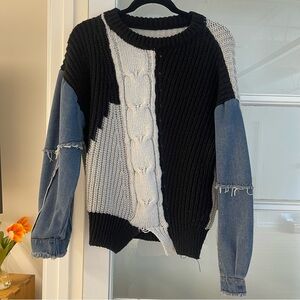 Colorblock Sweater with Denim Sleeves